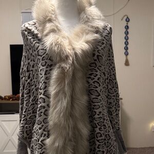 Leopard Print Cape with Faux Fur Trim